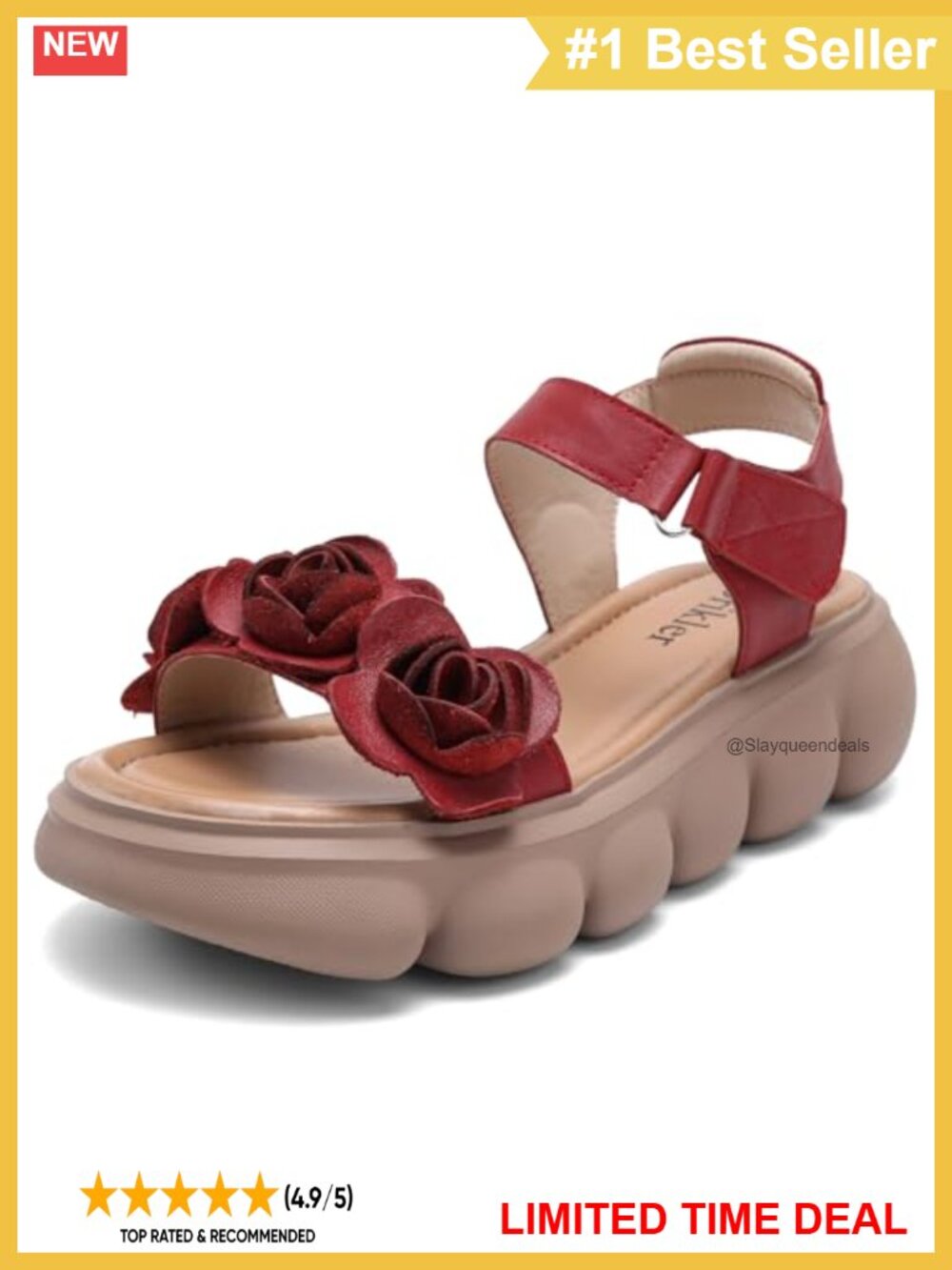 Women's Platform Wedge Sandals Open Toe Cow Leather Floral Casual